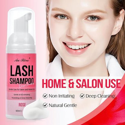 Lash Shampoo for Lash Extensions 60 Ml/2fl.oz Eyelash Extension Cleanser Oil Free Lash Cleanser for Eyelash Care, Gentle Foaming Eyelash Shampoo with Brush for Salon Home Care (Rose 60ml)