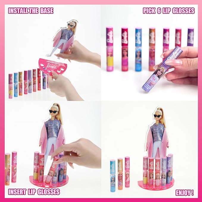 Townley Girl Barbie Lip Gloss with Acrylic Stand for Storage and Display, Plant Based Lip Gloss, Perfect for Parties, Sleepovers, Makeovers, Birthday Gift for Girls, Age 3