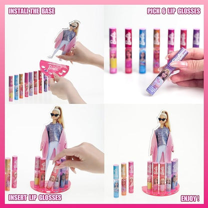 Townley Girl Barbie Lip Gloss with Acrylic Stand for Storage and Display, Plant Based Lip Gloss, Perfect for Parties, Sleepovers, Makeovers, Birthday Gift for Girls, Age 3