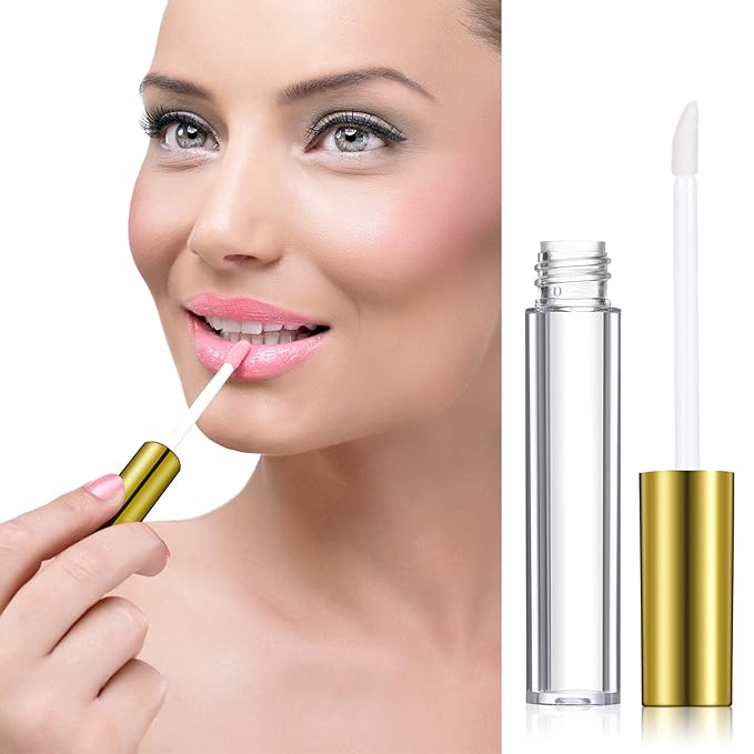 Patelai 40 Pieces Empty Lip Gloss Tubes Containers Clear Lip Balm Bottle with Rubber Stopper and 2 Pieces Funnels for Women DIY Makeup Lip Samples(10 ml,Gold)