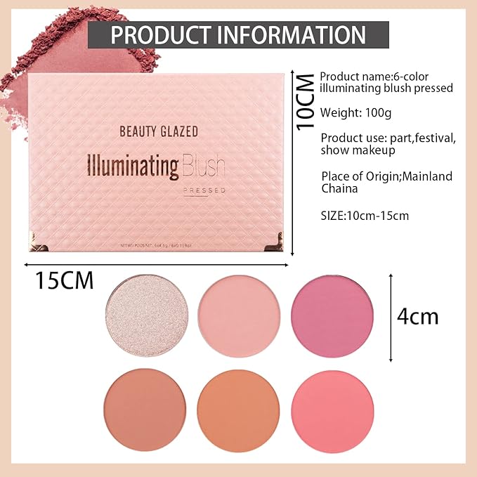 Multicolour Lasting Brightening Glow Blush Powder 3 In 1 Blush Highlighter Eyeshadow Makeup Sweat-Resistant Non-Greasy Shimmery Matte 6 Colors Natural Blusher Palette # A