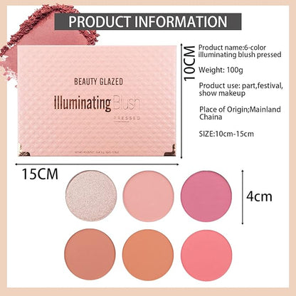 Multicolour Lasting Brightening Glow Blush Powder 3 In 1 Blush Highlighter Eyeshadow Makeup Sweat-Resistant Non-Greasy Shimmery Matte 6 Colors Natural Blusher Palette # A