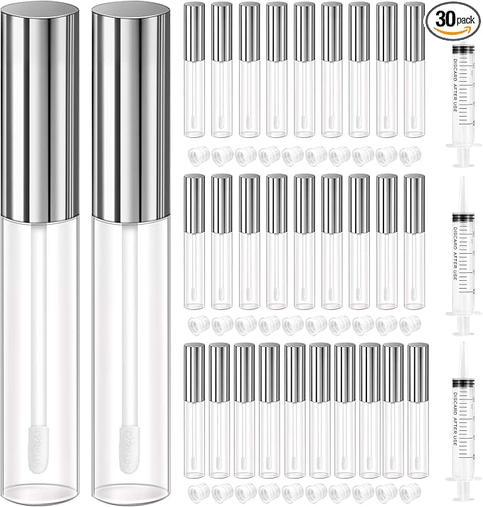 KPX 30 Pcs lip Gloss Tube Containers Bulk Wand 10ml Empty Clear Pink Lip Oil Tubes Refillable Lip Balm Bottles with Rubber Insert for DIY Makeup Such as Lip Samples, Homemade Lip Balm (Silver)