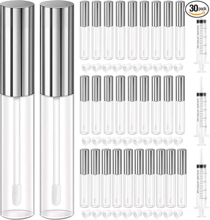 KPX 30 Pcs lip Gloss Tube Containers Bulk Wand 10ml Empty Clear Pink Lip Oil Tubes Refillable Lip Balm Bottles with Rubber Insert for DIY Makeup Such as Lip Samples, Homemade Lip Balm (Silver)