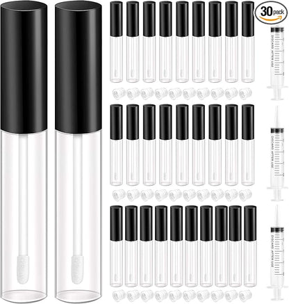 KPX 30 Pcs lip Gloss Tube Containers Bulk Wand 10ml Empty Clear Pink Lip Oil Tubes Refillable Lip Balm Bottles with Rubber Insert for DIY Makeup Such as Lip Samples, Homemade Lip Balm(Black)