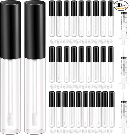 KPX 30 Pcs lip Gloss Tube Containers Bulk Wand 10ml Empty Clear Pink Lip Oil Tubes Refillable Lip Balm Bottles with Rubber Insert for DIY Makeup Such as Lip Samples, Homemade Lip Balm(Black)