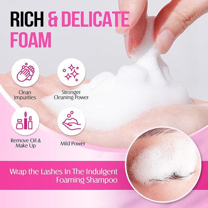 Lash Shampoo for Lash Extensions 60 Ml/2fl.oz Eyelash Extension Cleanser Oil Free Lash Cleanser for Eyelash Care, Gentle Foaming Eyelash Shampoo with Brush for Salon Home Care (Cherry Blossmom 60ml)