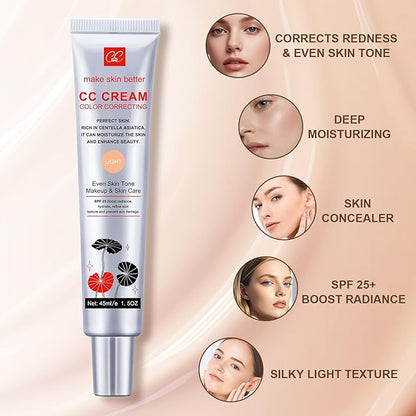 2 PCS Color Correcting CC Cream with Powder Puff 【SPF 25】, Light & Hydrating CC Cream Foundation with Centella Asiatica, Multi-Purpose for Even Skin Tone, Refine Skin Texture, SPF Protection (Light*2)