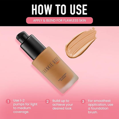 Frankie Rose Cosmetics Matte Perfection Foundation Makeup – Long-Lasting, Hydrating Foundation for Semi-Matte Finish - Foundation Full Coverage for All Skin Types - (Gold) 1.0 US fl oz / 30 ml