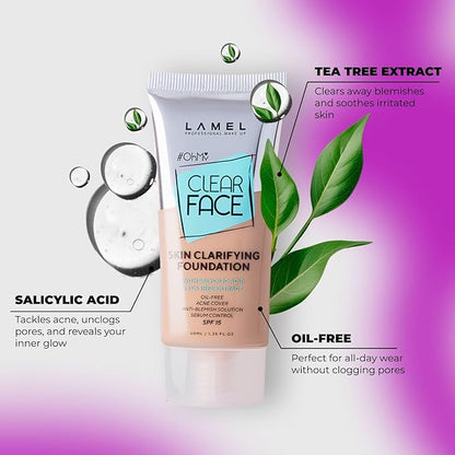 Oh My Clear Face Full Coverage Foundation for Oily & Acne Prone Skin, Salicylic Acid & Tea Tree Extract, Anti-Blemish Sensitive Skin Care, Organic & Oil-Free, 404 Custard, 40 ml / 1.35 fl.oz