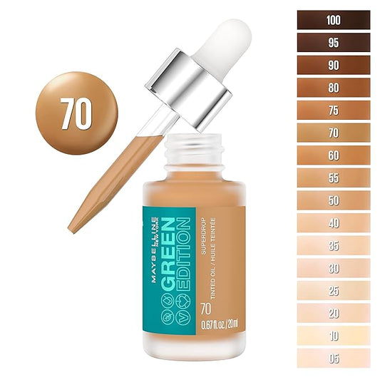 Maybelline Green Edition Superdrop Tinted Oil Base Makeup, Adjustable Natural Coverage Foundation Formulated With Jojoba & Marula Oil, 70, 1 Count