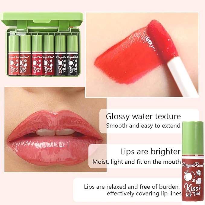 6 Colors Lip Tint Stain Set, Lip Stain Long Lasting Waterproof, Non-sticky & Lightweight Lip Tint, Multi-Use Liquid Blush & Lip Stain, Korean Lip Gloss with Moisturizing Lip Color Tint