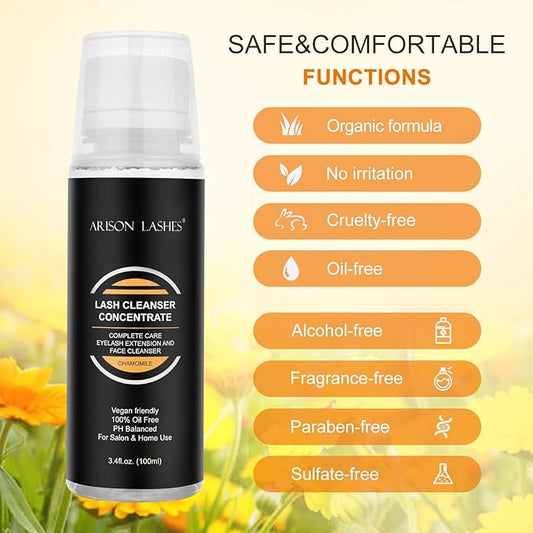 Eyelash Foaming Cleanser Concentrate - 100ml Non-Irritating Lash Extensions Shampoo for DIY Care - Makes 20 Bottles of 60ml Chamomile Lash Cleansers