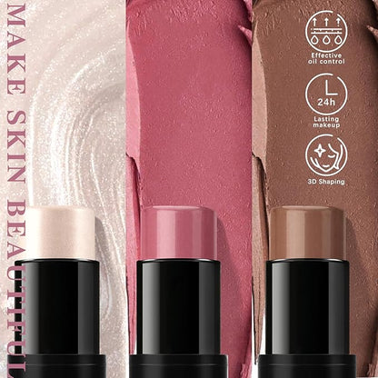 3 Pcs Cream Blush Contour Highlighter Stick for Cheeks Eyes Lips Lightweight Dewy Finish Blush Stick Waterproof Long Lasting Contour Stick Trio Wand Face Makeup Set for Girls and Women (2+5+6)