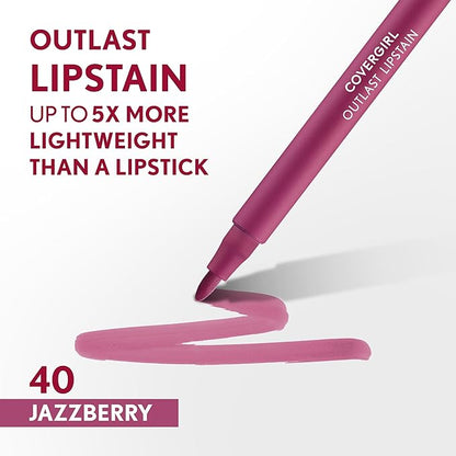 COVERGIRL Outlast Lipstain Bundle - 15 Epic & 40 Jazzberry Shades, Smooth Vegan Formula, Transfer-Proof, Buildable Color, Pen-Like Applicator, 0.06oz Each