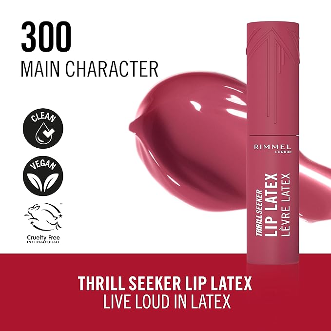 Rimmel Thrill Seeker Lip Latex, 300 Main Character, Liquid Lipstick, Lipgloss, Lip Colour, Hyaluronic Lipstick, Lip Stain, Smooth Shine, Hydration, Hyaluronic Acid, Vitamin E, Aloe Vera, 0.2oz
