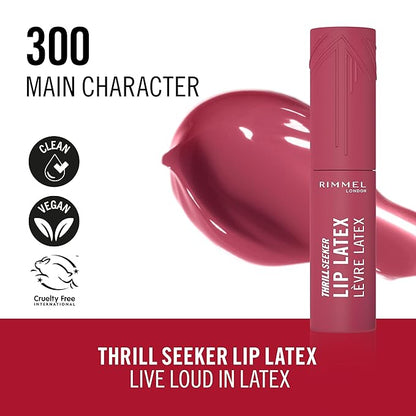 Rimmel Thrill Seeker Lip Latex, 300 Main Character, Liquid Lipstick, Lipgloss, Lip Colour, Hyaluronic Lipstick, Lip Stain, Smooth Shine, Hydration, Hyaluronic Acid, Vitamin E, Aloe Vera, 0.2oz