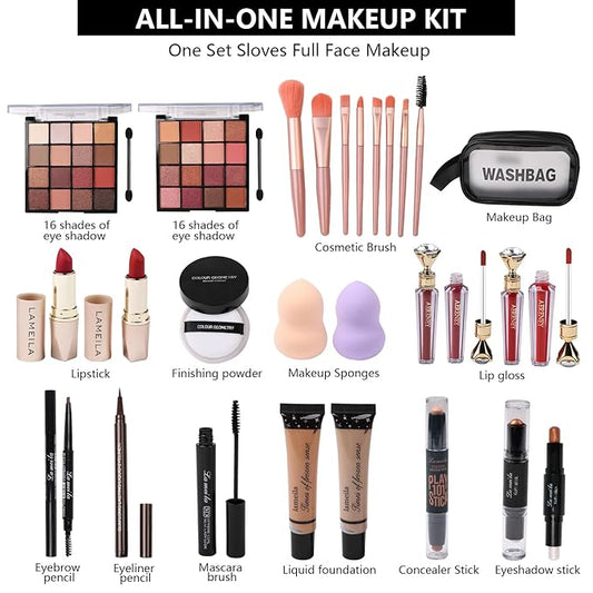 Makeup Kit All-in-one Makeup Gift Set for Women Full Kit,including travel makeup bag, makeup brush set, eyeshadow palette, lip gloss, foundation, highlighter, mascara, eyeliner, eyebrow pencil(BLACK)