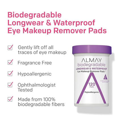 Almay Biodegradable Makeup Remover Pads, Longwear & Waterproof, Hypoallergenic, Fragrance-Free, Dermatologist & Ophthalmologist Tested, 120 Count (Pack of 2)