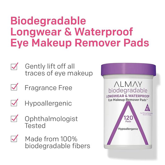 Almay Biodegradable Makeup Remover Pads, Longwear & Waterproof, Hypoallergenic, Fragrance-Free, Dermatologist & Ophthalmologist Tested, 120 Count (Pack of 2)
