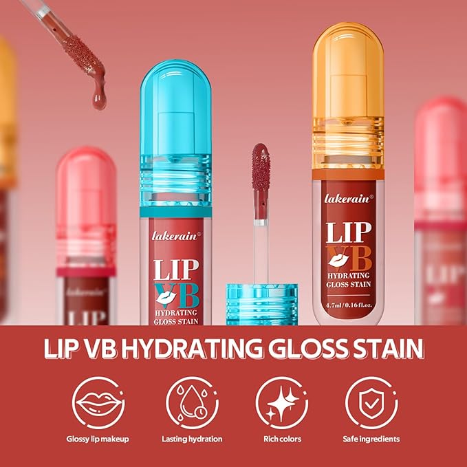 LIP VB Hydrating Gloss Stain – Lip Tint Gloss with 12HR Hydration Long-Lasting Moisture & Shine, Smooth Lip Stain with Glossy Finish, Non-Sticky, Rich Color for All Skin Tones (#5 FIERY BLAZE TINT, 1)