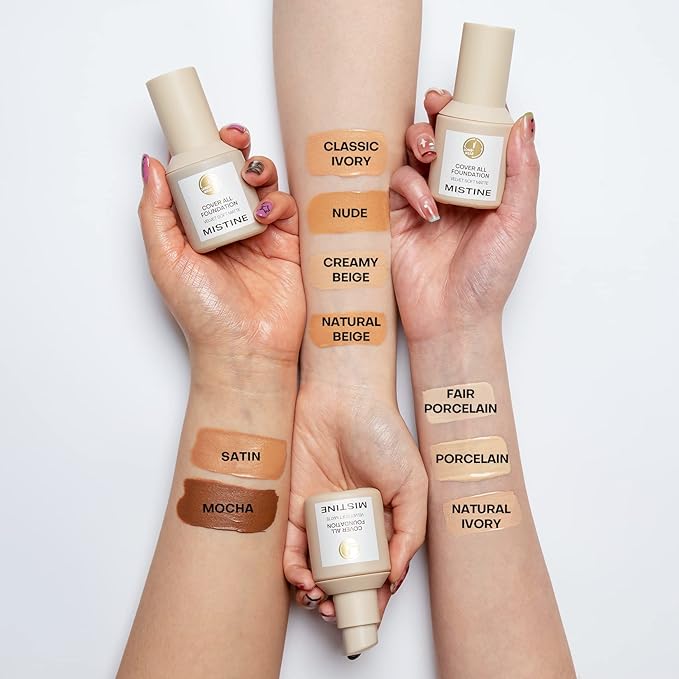 MISTINE Liquid Foundation Makeup Full Coverage for Oily Skin, 24 Hour Oil Control, Skin-Caring, Moisturizing Formula, Waterproof, Matte Finish, Satin, 1 Fl Oz
