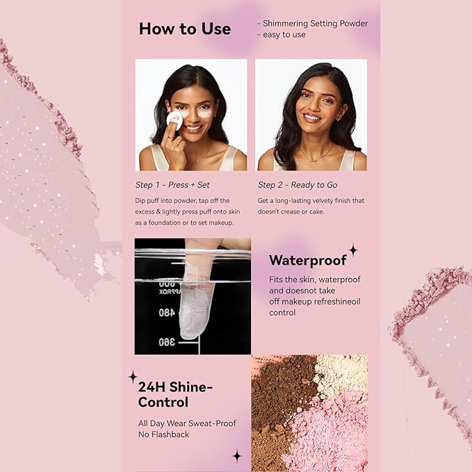 Shimmer Finish Setting Powder,Pink Translucent Setting Powder,Oil Control,Waterproof,Makeup Finishing Long-Lasting,Shimmer Powder for All Skin Types,Kimchi Setting Powder,Face Powder Makeup