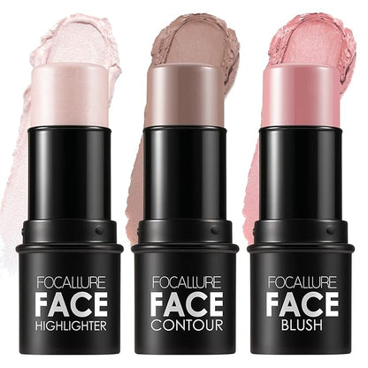 FOCALLURE 3 Pcs Cream Contour Sticks,Shades with Highlighter & Bronzer & Blush,Non-greasy Long-wear Face Contouring Pen,Easy to Sculpt the Face and Create a Lightweight Finishing Makeup,FAIR-LIGHT