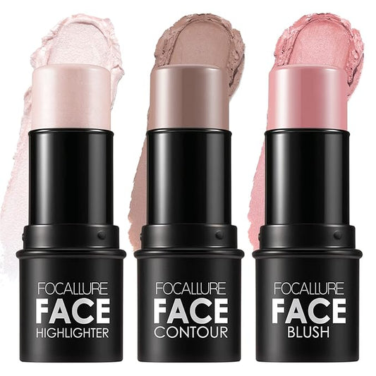 FOCALLURE 3 Pcs Cream Contour Sticks,Shades with Highlighter & Bronzer & Blush,Non-greasy Long-wear Face Contouring Pen,Easy to Sculpt the Face and Create a Lightweight Finishing Makeup,FAIR-LIGHT