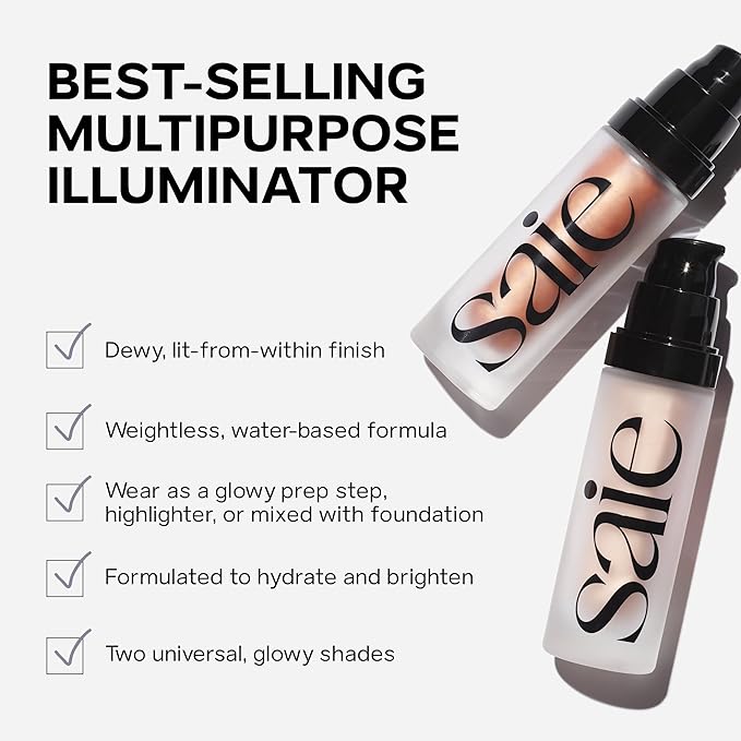 Saie Glowy Super Gel Travel Duo - Lightweight Illuminator & Makeup Primer for Glowing Skin - Warmglow & Sunglow (2 Products, 0.5 oz Each)