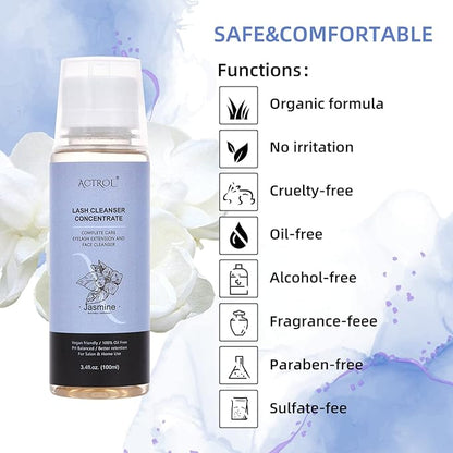 Eyelash Cleanser Concentrate 100ml Jasmine Professional Lash Shampoo Foaming Cleanser Paraben & Sulfate Free Non-lrritating Wash for Extensions Lashes with Salon Home Care-Makes 20 Bottles