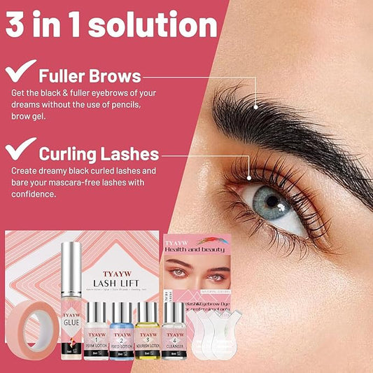 Lash Lift And Black Kit, Eyelash & Brow Color Kit 3 in 1 Quick Lifting & Voluminous Coloring, Professional Eyelash Perm Kit for Newbies & Pros, Gift for Women Mom Wife Lasts for 6-8 Weeks