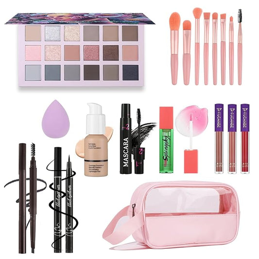 Full Makeup Kit for Women, 18 Color Eyeshadow, 3 Color Lipstick, Blush Oil, Mascara, Liquid Eyeliner, Eyebrow Pencil, Foundation, Sponge, Makeup Bag and 8pcs Makeup Brush