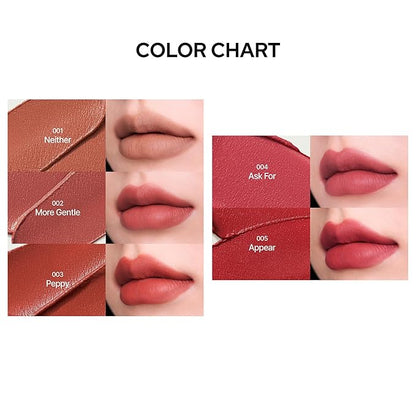 Silky Blur Tint 5 Colors | Soft Velvet Texture & Semi-Matte Finish | Long-Lasting & Close-adhering, Blurring effect, Subtle Shades | Korean Lip Stain (002 More Gentle, 0.1 Fl oz)