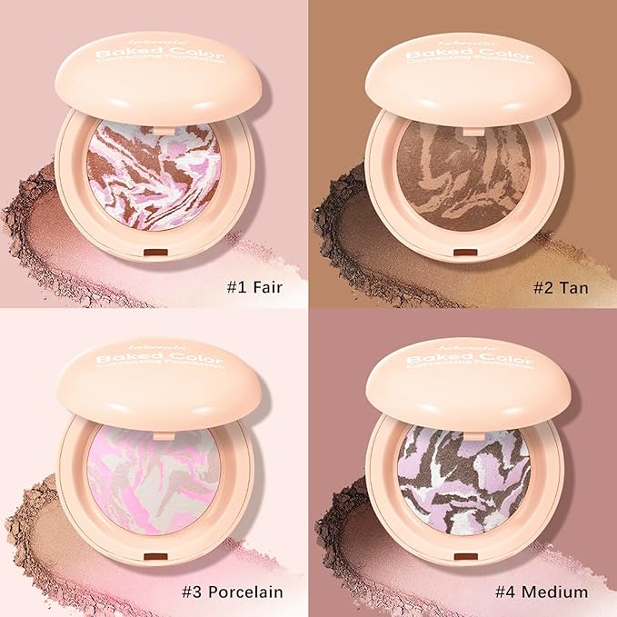 Baked Color Correcting Foundation – Lightweight Airy Finish Powder Makeup with Mirror, Subtle Glow, Oil Control, Long Lasting – Fine Texture for Smooth Light to Medium Coverage (#1 Fair)