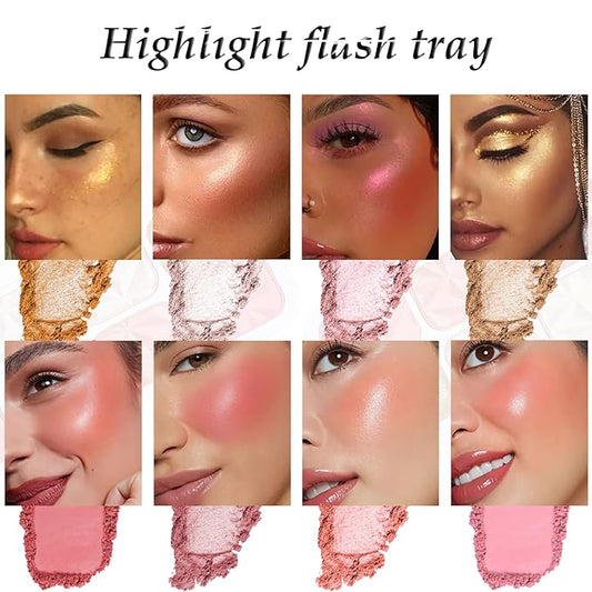 8 Colors Blush Palette Makeup, Face Highlighters Contouring Powder, Shimmer Bronzer Rubores De Maquillaje for Cheeks, Mineral Blushes Highlighting Shades Waterproof Illuminator Women Cosmetics