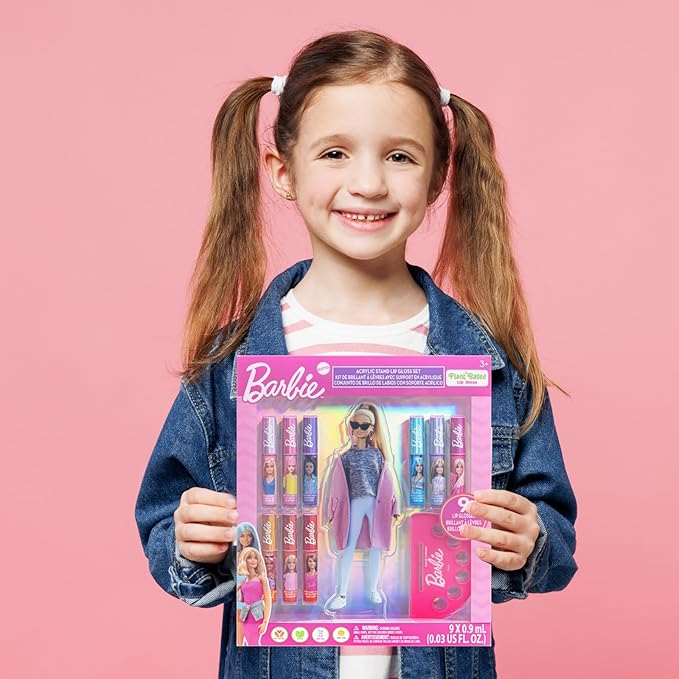 Townley Girl Barbie Lip Gloss with Acrylic Stand for Storage and Display, Plant Based Lip Gloss, Perfect for Parties, Sleepovers, Makeovers, Birthday Gift for Girls, Age 3