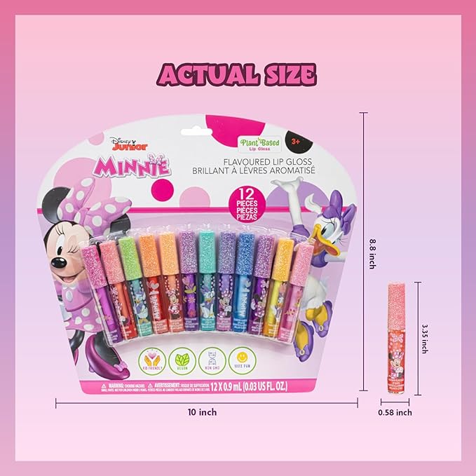 Disney Minnie Mouse 12 Piece Plant Based Lip Gloss, Girls Party Favors, First Makeup Set for Girl, Perfect for Parties, Sleepovers, and Birthday Gifts, Ages 3+, by Townley Girl