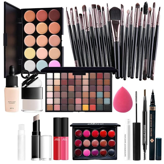 All in one makeup kit full versatile essential eyeshadow palette lipstick, blush, foundation, concealer, lip gloss, mascara, lip balm, powder puff powder, makeup set for women