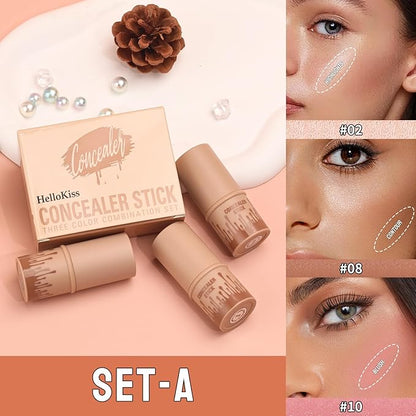 3Pcs Cream Contour Sticks Kit, Highlighter Stick Blush Stick Cream Contour Kit Makeup Set with Brush,Face Brightens & Shades Contour Stick Waterproof for Women Girls(9507-02-08-10, A)