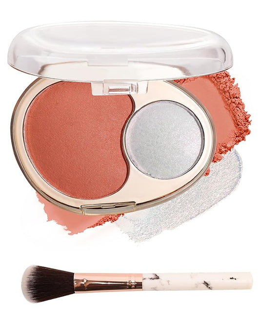Blush and Highlighter Palette,2 in 1 Orange Blusher Pearl Shimmer Highlighter,Matte Blusher and Bronzer for Face Cheeks,Longlasting Waterproof Facial Makeup Set with Brush,Makeup Gift for Women-03