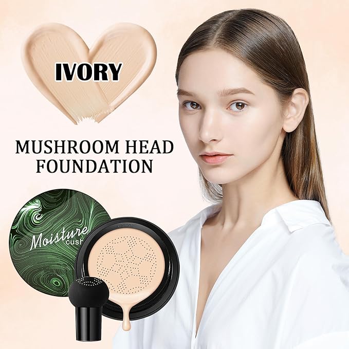 Mushroom Head Air Cushion CC Cream,Full Coverage Mushroom Head Liquid Foundation BB Cream Face Makeup,Oil Control Long Lasting Moisturizing Matte Concealer,Even Skin Tone（Ivory）