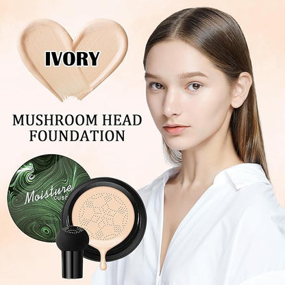 Mushroom Head Air Cushion CC Cream,Full Coverage Mushroom Head Liquid Foundation BB Cream Face Makeup,Oil Control Long Lasting Moisturizing Matte Concealer,Even Skin Tone（Ivory）