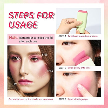 3 in 1 Blush Stick, 2 PCS Shy Pink, Long Lasting Waterproof Lightweight Moisturing Face Blush, Easy Blends Use on The Go, Natural Matte Soft Cream Blushers for Cheeks Lips Eyes, 02+03