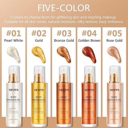 Body Shimmer Oil, Golden Brown Body Luminizer Face Brighten Highlighter Liquid Illuminator with Makeup Brush, Long Lasting Moisturizing Body Glitter Oil for Makeup (3.38 Fl Oz/#04)