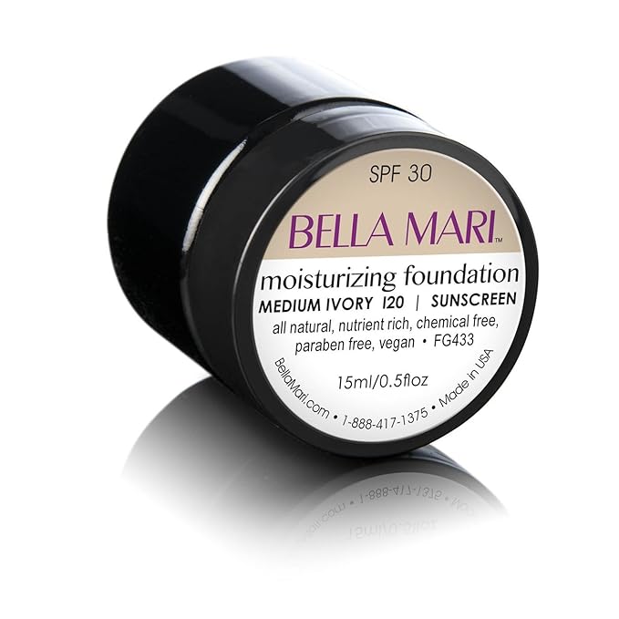 Natural Moisturizing Foundation by Bella Mari (Medium Ivory I20, 0.5 Fl Oz Jar) - Made with Organic Ingredients - No Toxic Synthetic Chemicals - TSA-Approved Travel Size