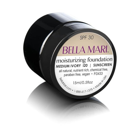 Natural Moisturizing Foundation by Bella Mari (Medium Ivory I20, 0.5 Fl Oz Jar) - Made with Organic Ingredients - No Toxic Synthetic Chemicals - TSA-Approved Travel Size