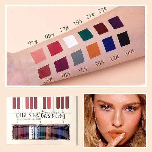 12Pcs Nude Matte Liquid Lipstick Set, Halloween Waterproof Non-Stick Cup Black White Dark Red Colorful Lipstick 24 Hour Not Fade Matte Lipstick Professional Lip Gloss Makeup Gifts for Women (Set B)