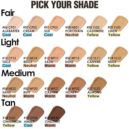 FOCALLURE PerfectBase Lasting Poreless Liquid Foundation, Medium to Full Coversage with Matte Finish, Covers Blemishes & Under-Eye Circles for All Skin Types, NE01 PORCELAIN