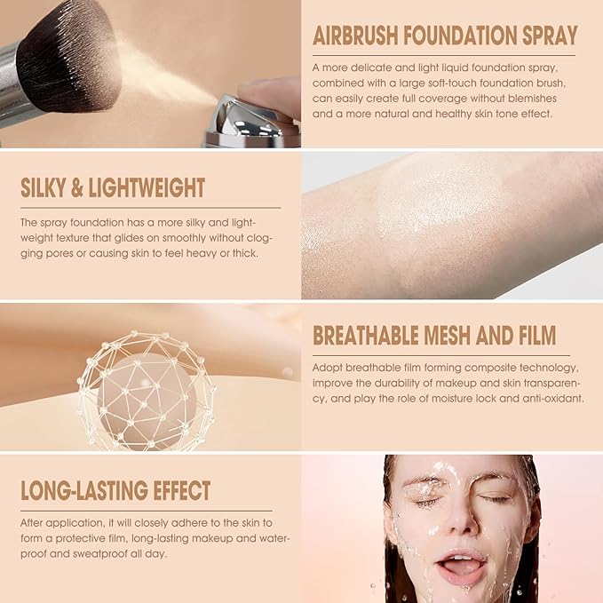 AirBrush Foundation Spray, Silky Mist Spray Makeup Kit with Brush, Full Coverage Foundation for Smooth Radiant Finish, Formula Breathable Lightweight Hydrating | #A01 Ivory